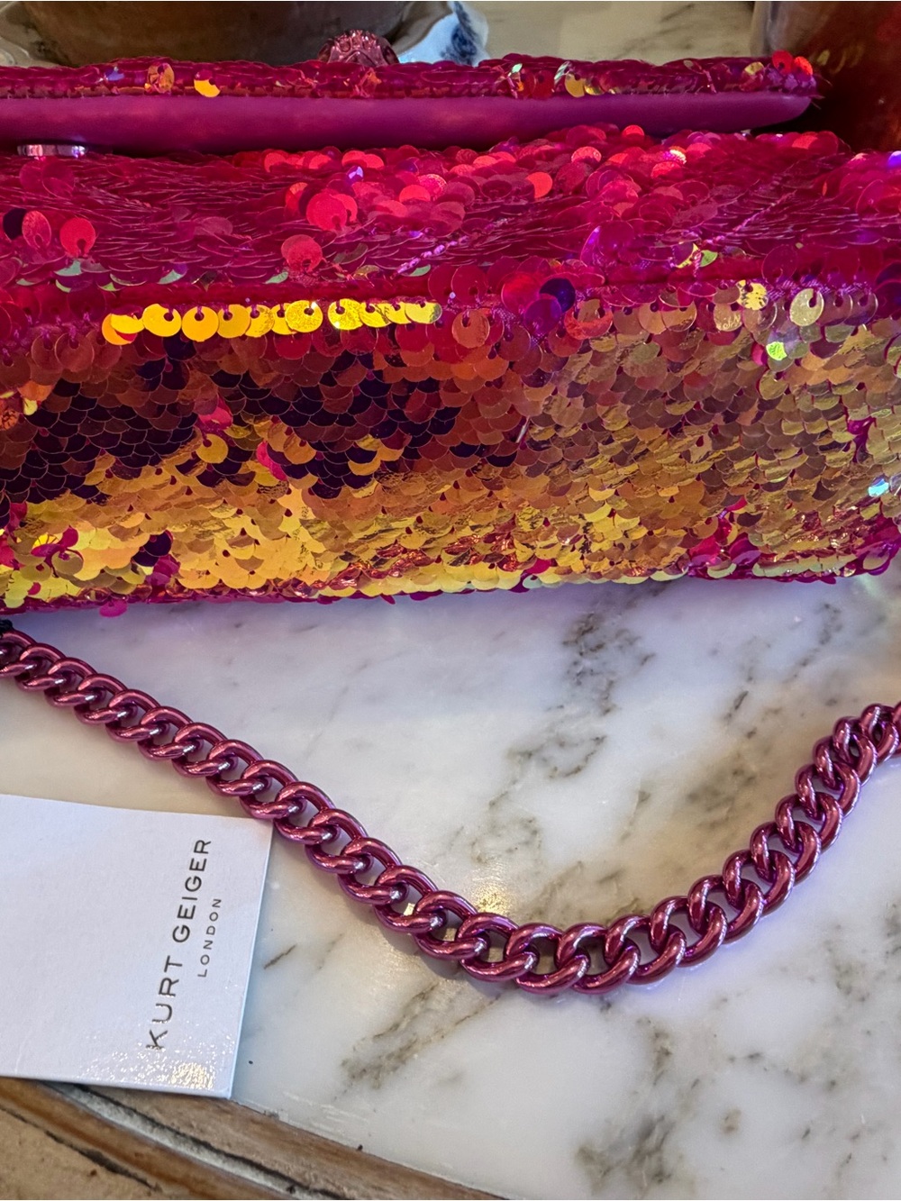Kurt Geiger Kensington Fuchsia Pink and Gold Sequin Chain Crossbody Bag - Picture 4 of 13